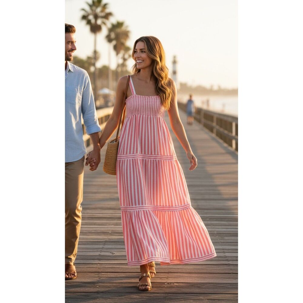 Marine Layer Selene Maxi Dress in Hibiscus Stripe, Size Large